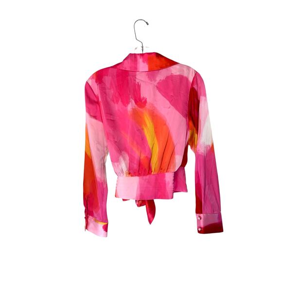 Hutch Nyla Blouse Pink Watercolor Satin Long Sleeve Tie Front V-Neck‎ Size XS - Picture 9 of 13